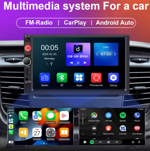 Radio Multimedia 2 DIN con CarPlay, Android Auto y Control al Volante